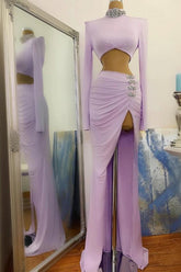 Pink High Neck Long Sleeves Side Slit Ruffles Crystal Prom Dress